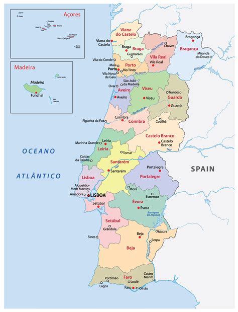 Portugal Map: Including Regions, Districts and Cities.